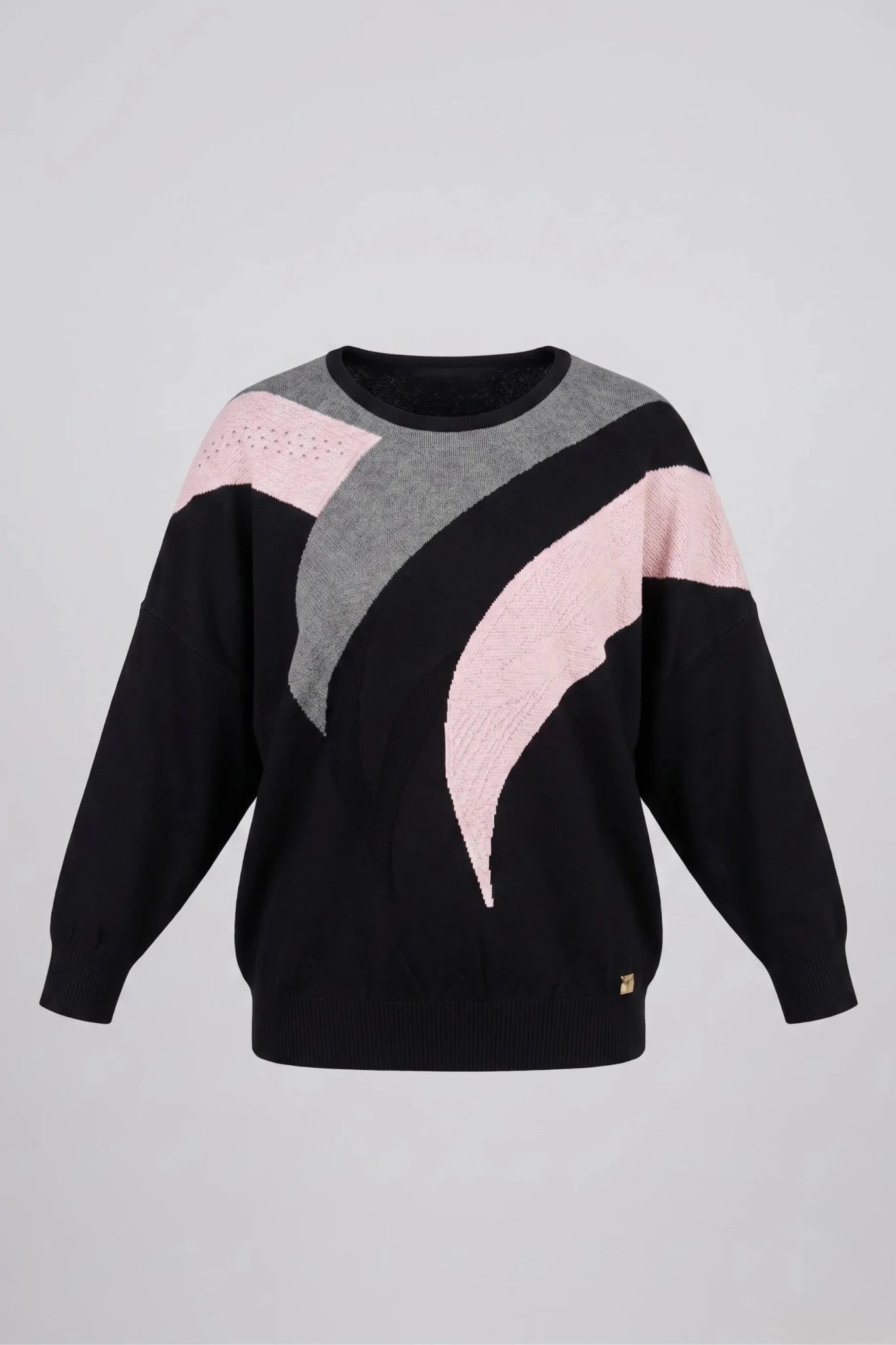 Дамска плетена блуза в черен цвят с розови детайли Roberto&Co Roberto Fashion Store Sweater FLC2307KNIBLSBLK-50/52 50/52