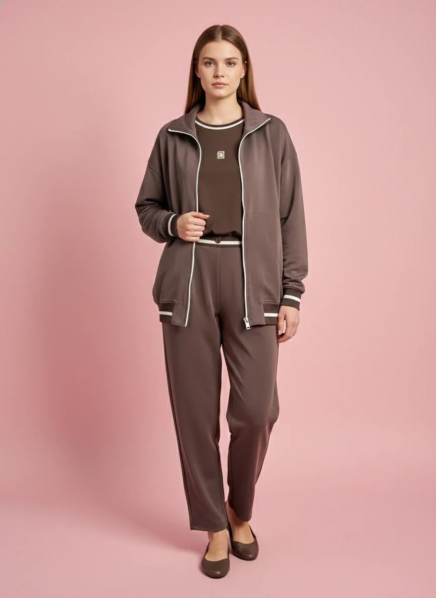 Дамски Спортен Комплект от 3 части с + Размери, Кафяв So Cute Roberto Fashion Store Set SOC1302SETBRO+SZ-L L