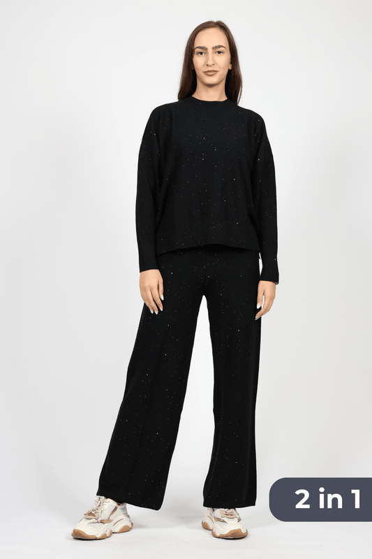 Дамски Вълнен Комплект от 2 части, Черен