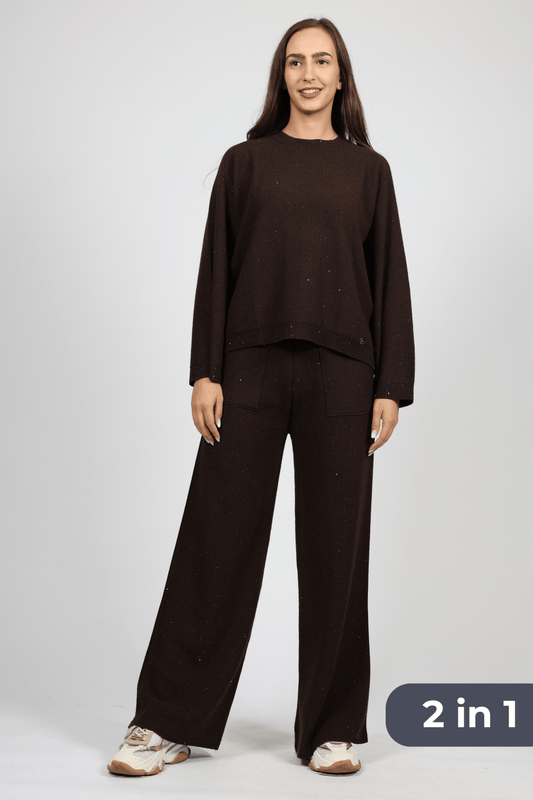 Дамски Вълнен Комплект от 2 части, Кафяв