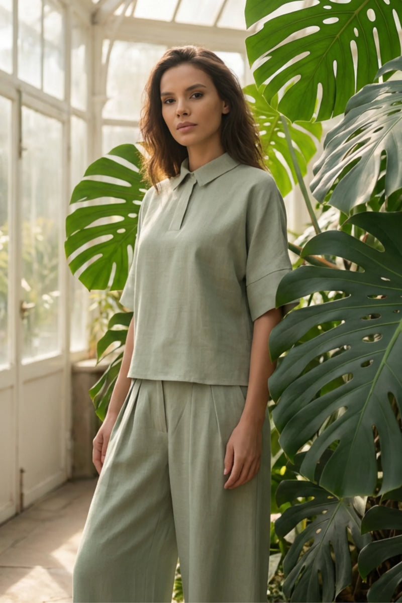 Дамски сет "Dita" – Зелен комплект от тенсел и лен с широк панталон
