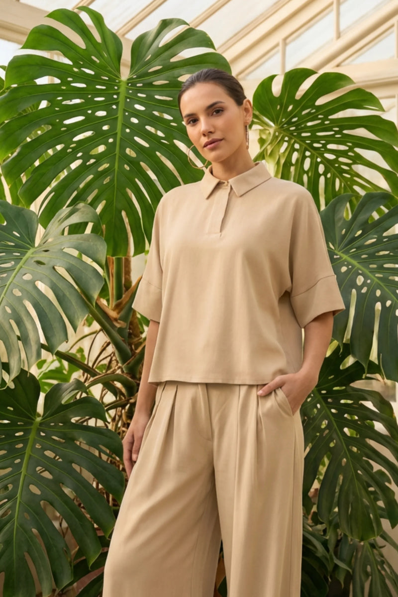 Дамски сет "Dita" – Бежов комплект от тенсел и лен с широк панталон