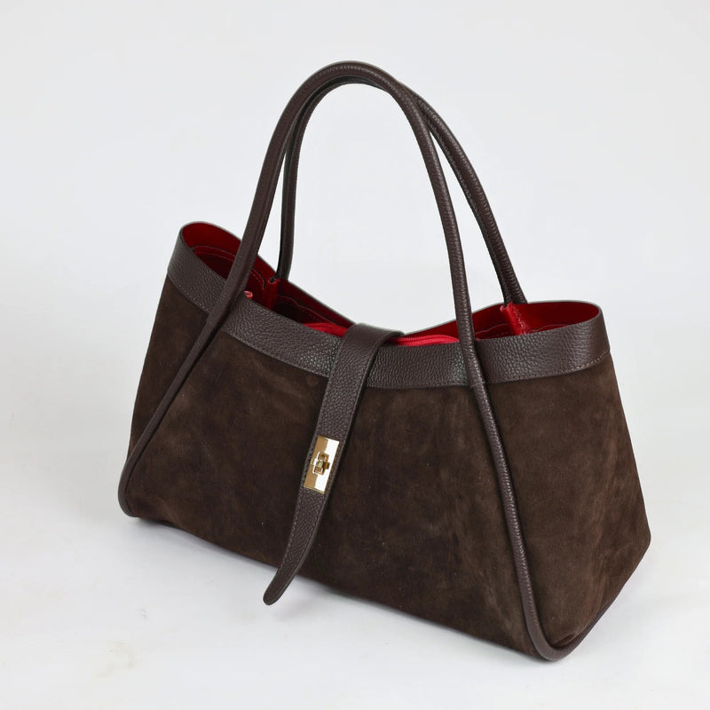 Дамска Чанта от Естествена Кожа - Велур, Кафяв