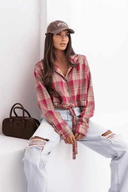 Дамска памучна риза с качулка SOHO – Кариран модел в дръзка фуксия и бежово LaBalancia Roberto Fashion Store Shirt 5907378519309 UNI