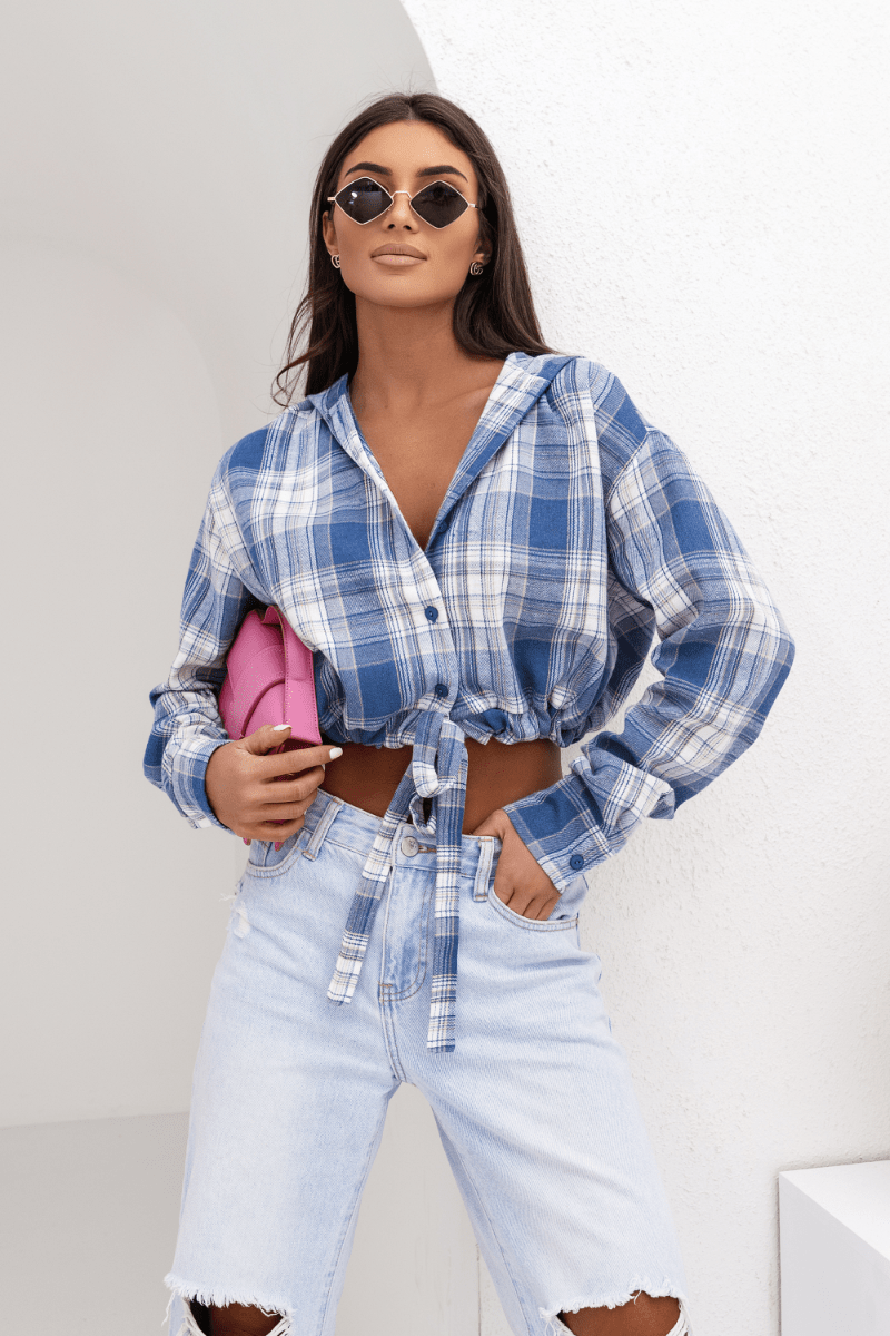 Дамска памучна риза с качулка SOHO – Кариран модел в синьо и екрю LaBalancia Roberto Fashion Store Shirt 5907378519316 UNI