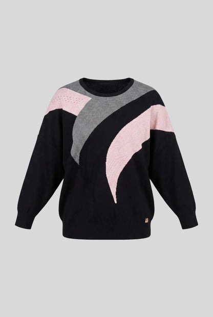 Дамска плетена блуза в черен цвят с розови детайли Roberto&Co Roberto Fashion Store Sweater FLC2307KNIBLSBLK-42/44 42/44