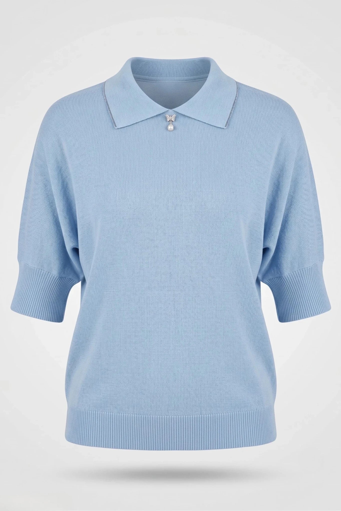 Дамска светло синя плетена тениска с къс ръкав и сърце Roberto&Co Roberto Fashion Store Sweater FLC2307KNIBLSBLU-50/52 50/52