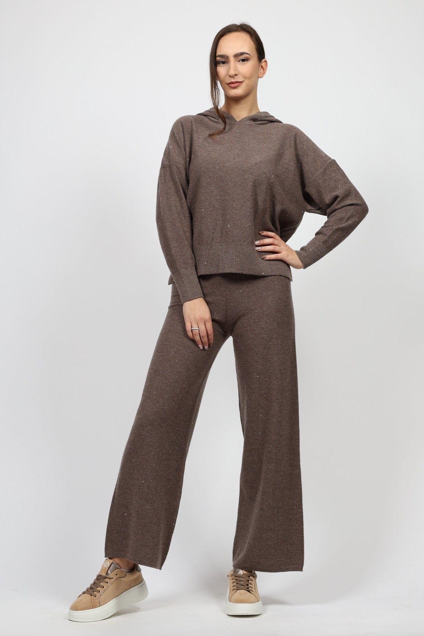 Дамски Комплект с Кашмир от 2 части, Кафяв Serianno Collection S Roberto Fashion Store Set SER1411SETBRWANGS S Кафяв