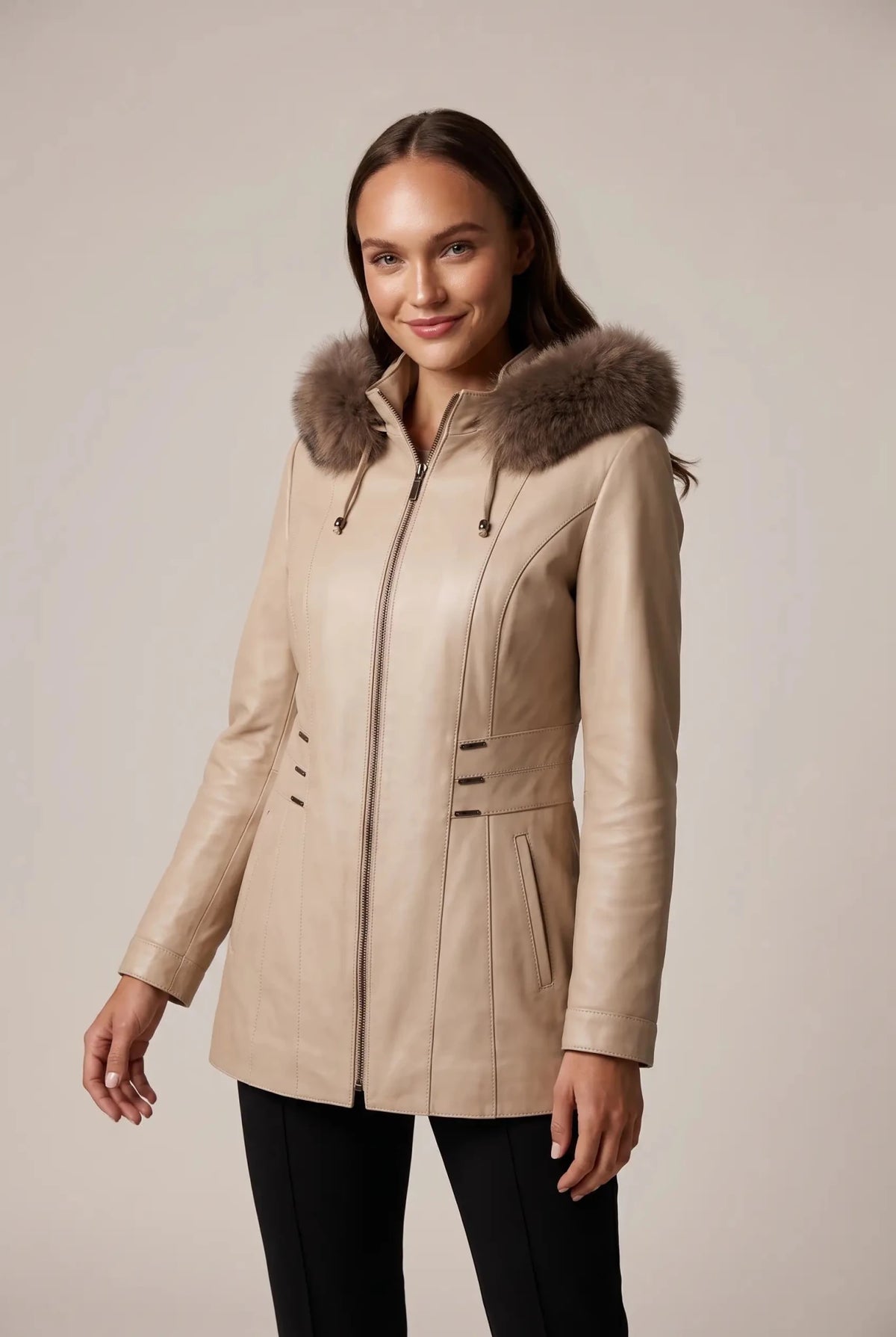 Дамско кожено палто Cami, бежово, със сваляща се качулка, плюс сайз Roberto&Co Roberto Fashion Store Jacket RBC2226LEACOABE+4XL 2XL