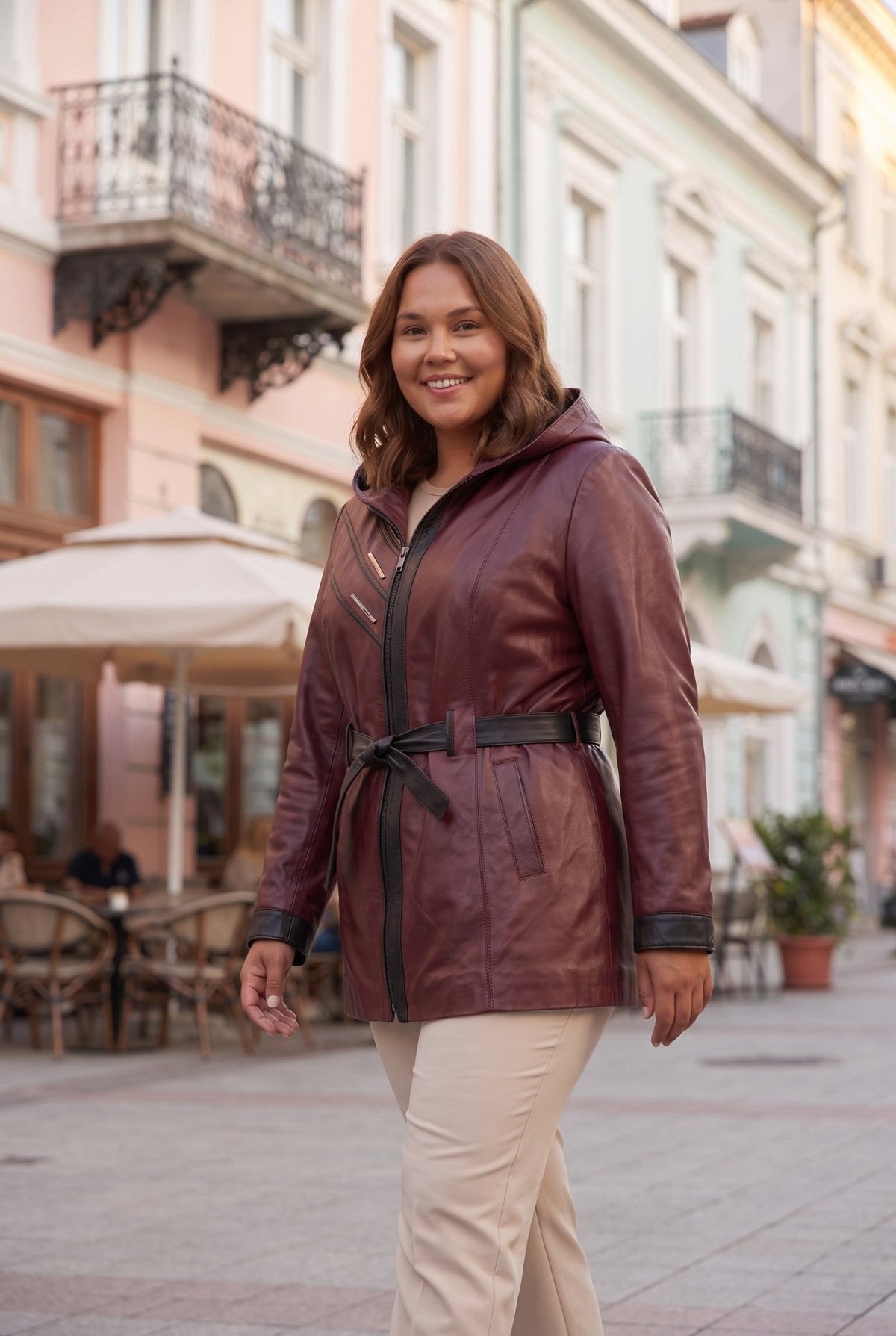 Дамско кожено яке Atina с колан от агнешка кожа, бордо – плюс сайз Roberto&Co Roberto Fashion Store Jacket LEA2511JCKBORBL+4XL 2XL