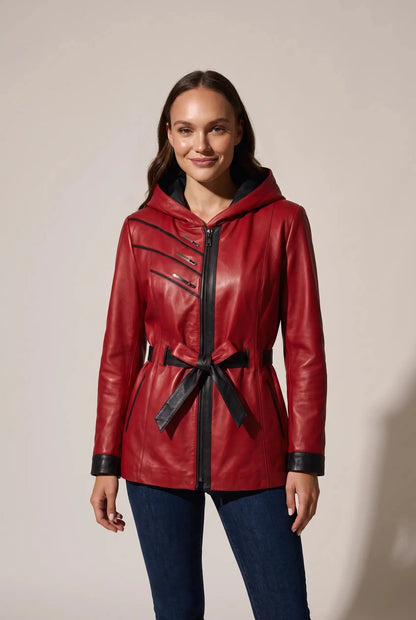 Дамско кожено яке Atina с колан от агнешка кожа, червено Roberto&Co Roberto Fashion Store Jacket LEA2511JCKREDBLT-M XS