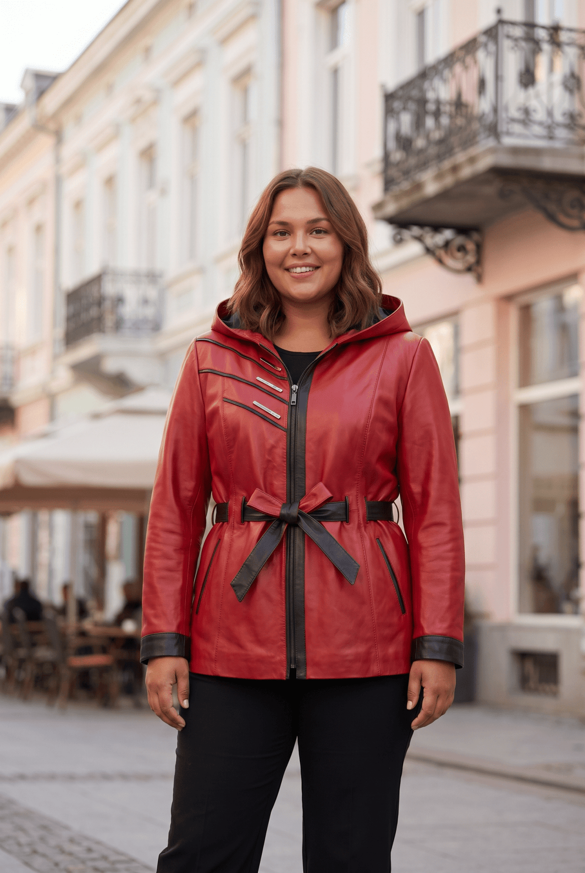Дамско кожено яке Atina с колан от агнешка кожа, червено – плюс сайз Roberto&Co Roberto Fashion Store Jacket LEA2511JCKREDBL+4XL 2XL