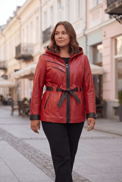 Дамско кожено яке Atina с колан от агнешка кожа, червено – плюс сайз Roberto&Co Roberto Fashion Store Jacket LEA2511JCKREDBL+4XL 2XL