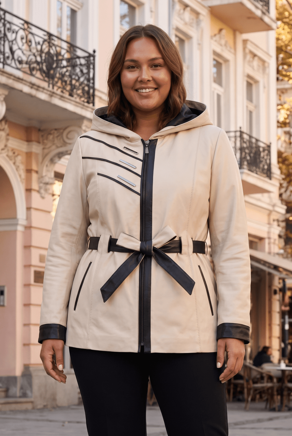 Дамско кожено яке Atina с колан от агнешка кожа, кремаво – плюс сайз Roberto&Co Roberto Fashion Store Jacket LEA2511JCKCRMBL+4XL 2XL