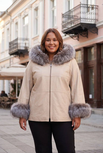 Дамско кожено яке Charmante, двулицево с качулка, бежово, плюс сайз Roberto&Co Roberto Fashion Store Jacket LEA0101JCKBEIRE+4XL 2XL