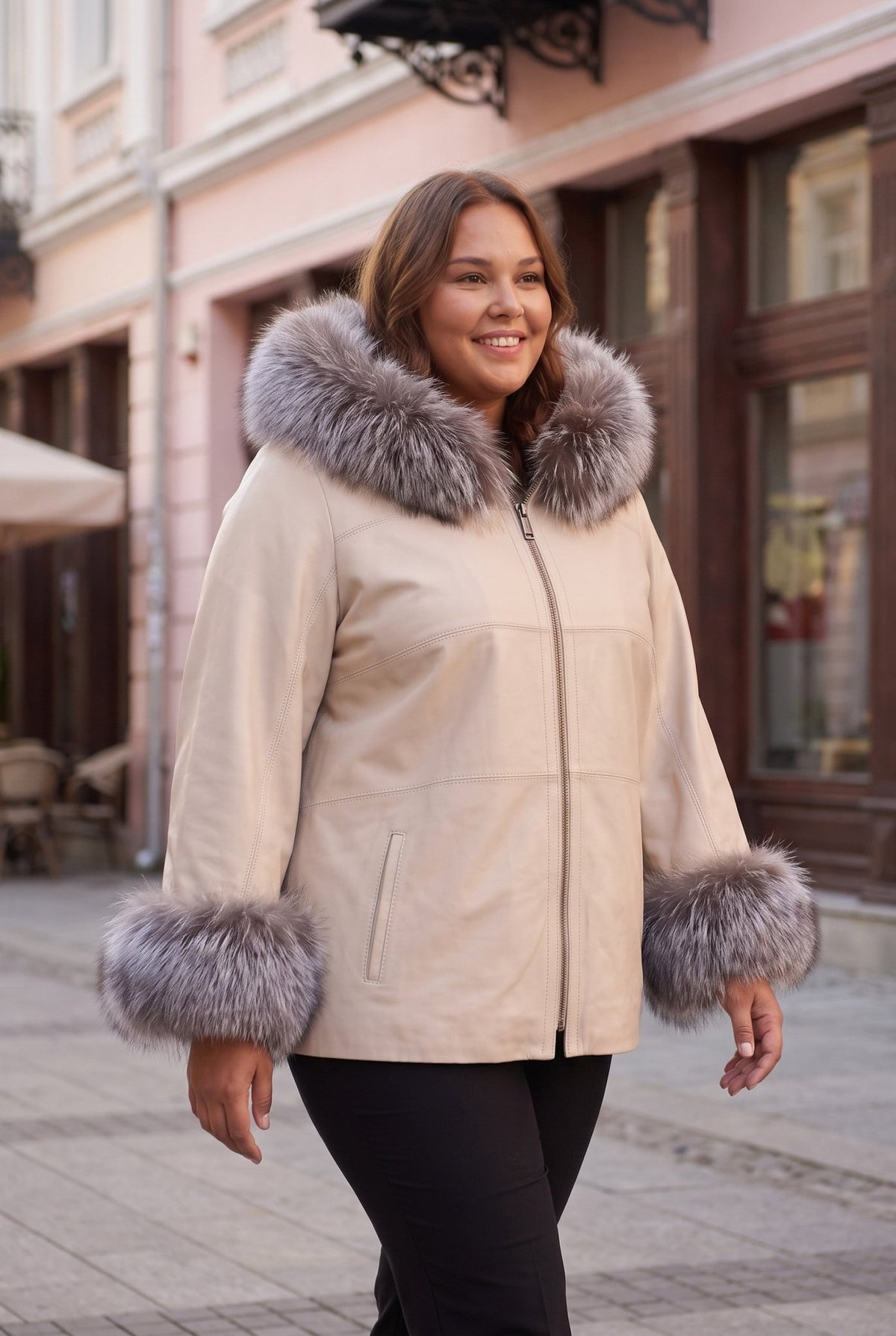 Дамско кожено яке Charmante, двулицево с качулка, бежово, плюс сайз Roberto&Co Roberto Fashion Store Jacket LEA0101JCKBEIRE+4XL 2XL
