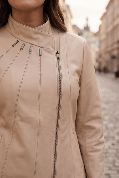 Дамско кожено яке Emerald, бежово, асиметрично закопчаване, плюс сайз Roberto&Co Roberto Fashion Store Jacket LEA0105JCKBEIAS+4XL 2XL