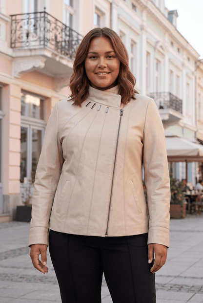 Дамско кожено яке Emerald, бежово, асиметрично закопчаване, плюс сайз Roberto&Co Roberto Fashion Store Jacket LEA0105JCKBEIAS+4XL 2XL