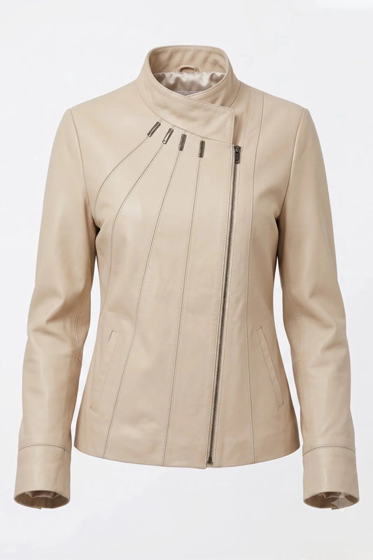 Дамско кожено яке Emerald, бежово, асиметрично закопчаване, плюс сайз Roberto&Co Roberto Fashion Store Jacket LEA0105JCKBEIAS+4XL 2XL