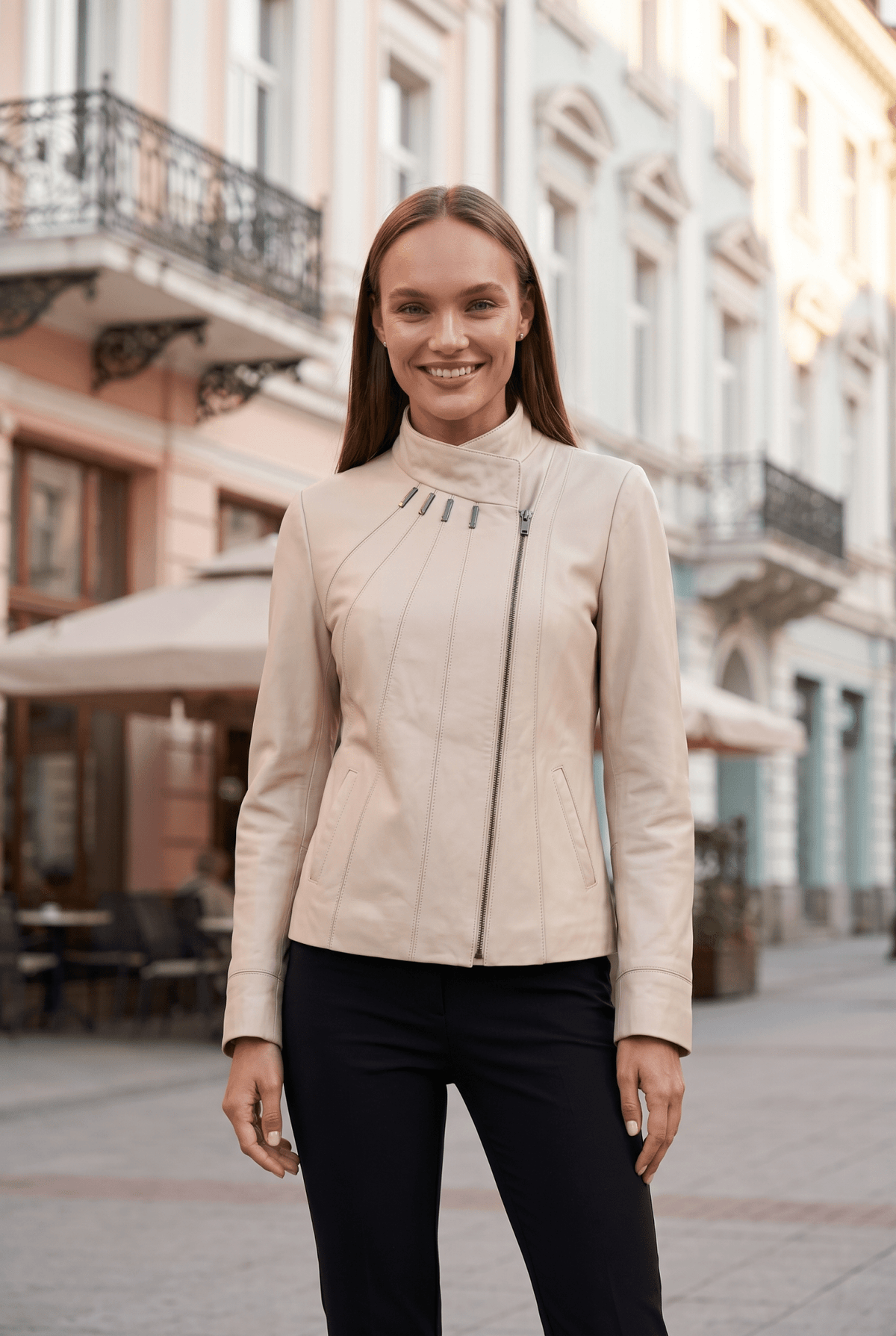 Дамско кожено яке Emerald, бежово, с асиметрично закопчаване с цип Roberto&Co Roberto Fashion Store Jacket LEA0105JCKBEIASM-M XS