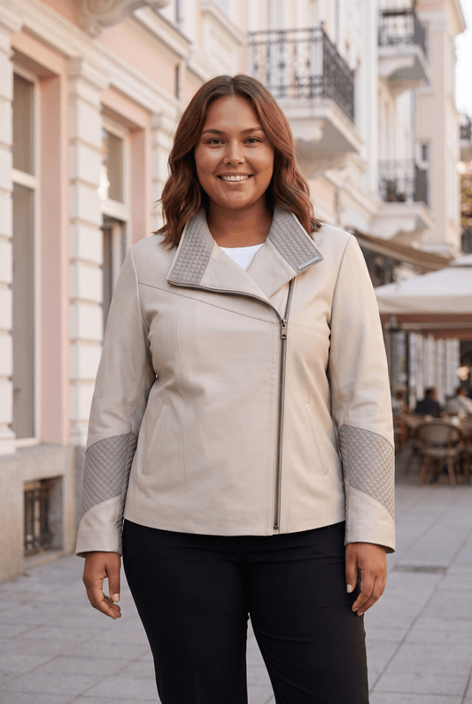 Дамско кожено яке Magnolia, бежово, асиметрично закопчаване, Plus Size – облечен