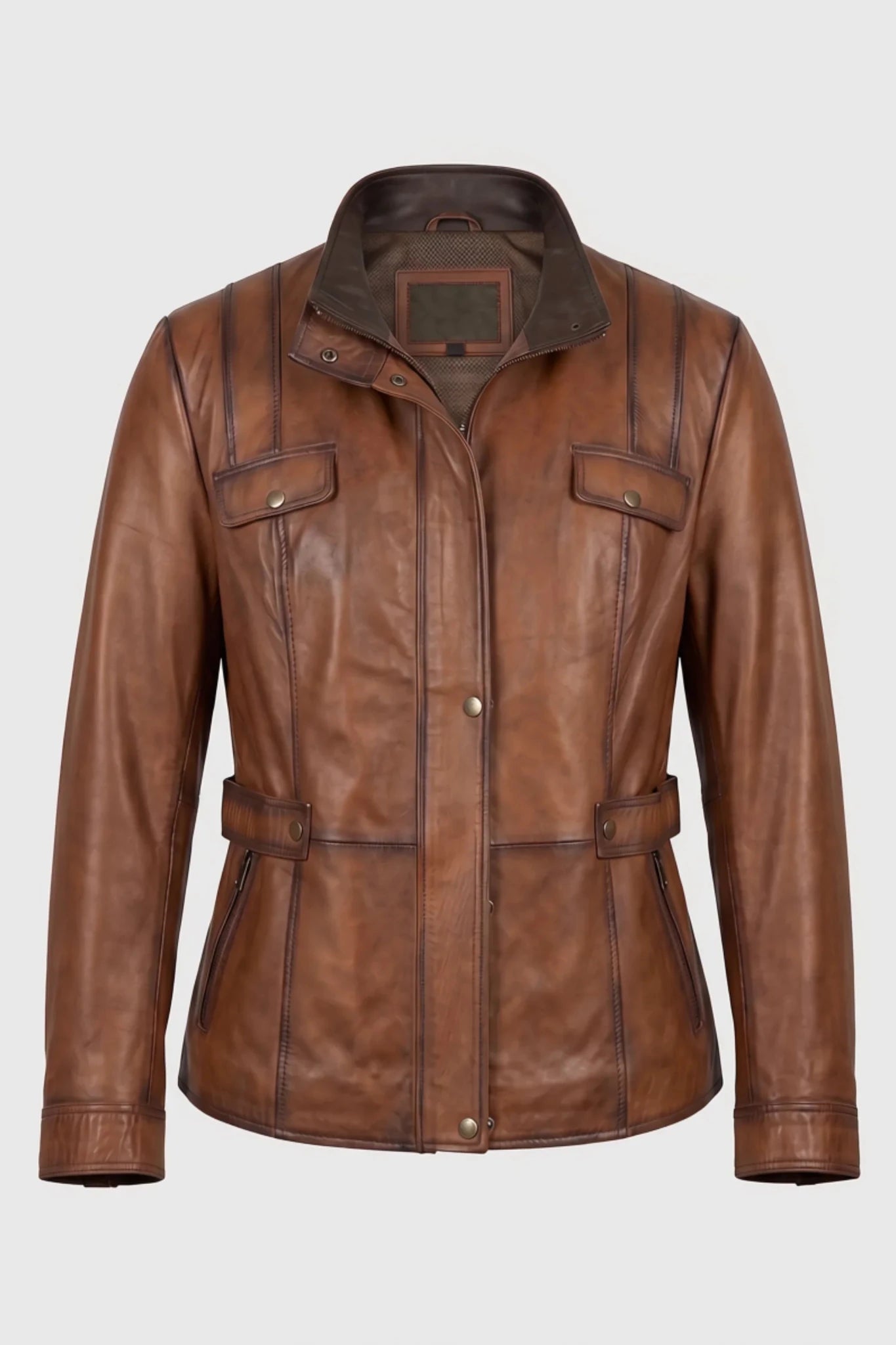 Дамско кожено яке от естествена кожа "Gentiane" - сафари стил, кафяво, дамски якета за есен и пролет Roberto&Co Roberto Fashion Store Jacket RBC0214LEAJCKBRW-2XL L