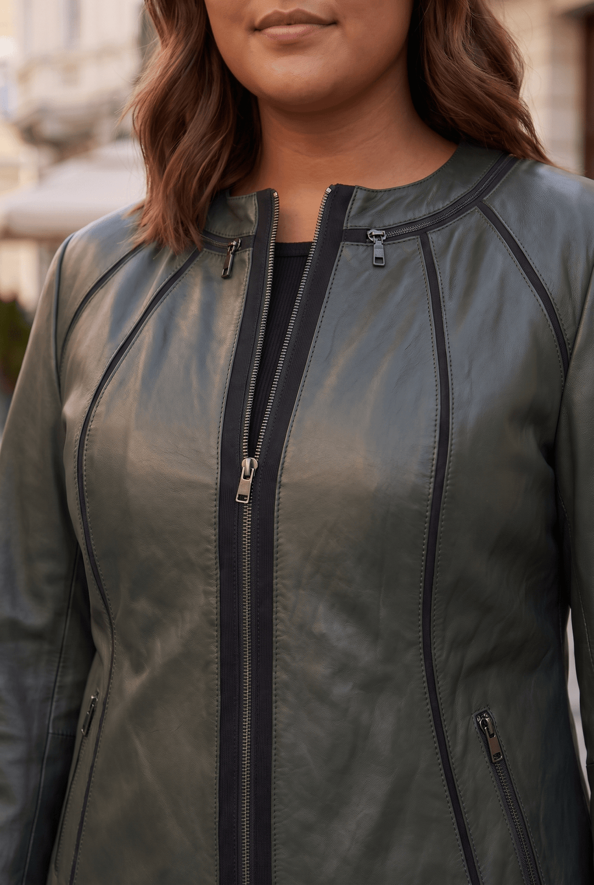 Дамско кожено яке Palermo, зелено, без яка, плюс сайз Roberto&Co Roberto Fashion Store Jacket LEA2103JCKGRNVL+4XL 2XL