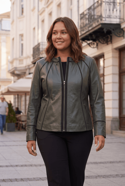 Дамско кожено яке Palermo, зелено, без яка, плюс сайз Roberto&Co Roberto Fashion Store Jacket LEA2103JCKGRNVL+4XL 2XL