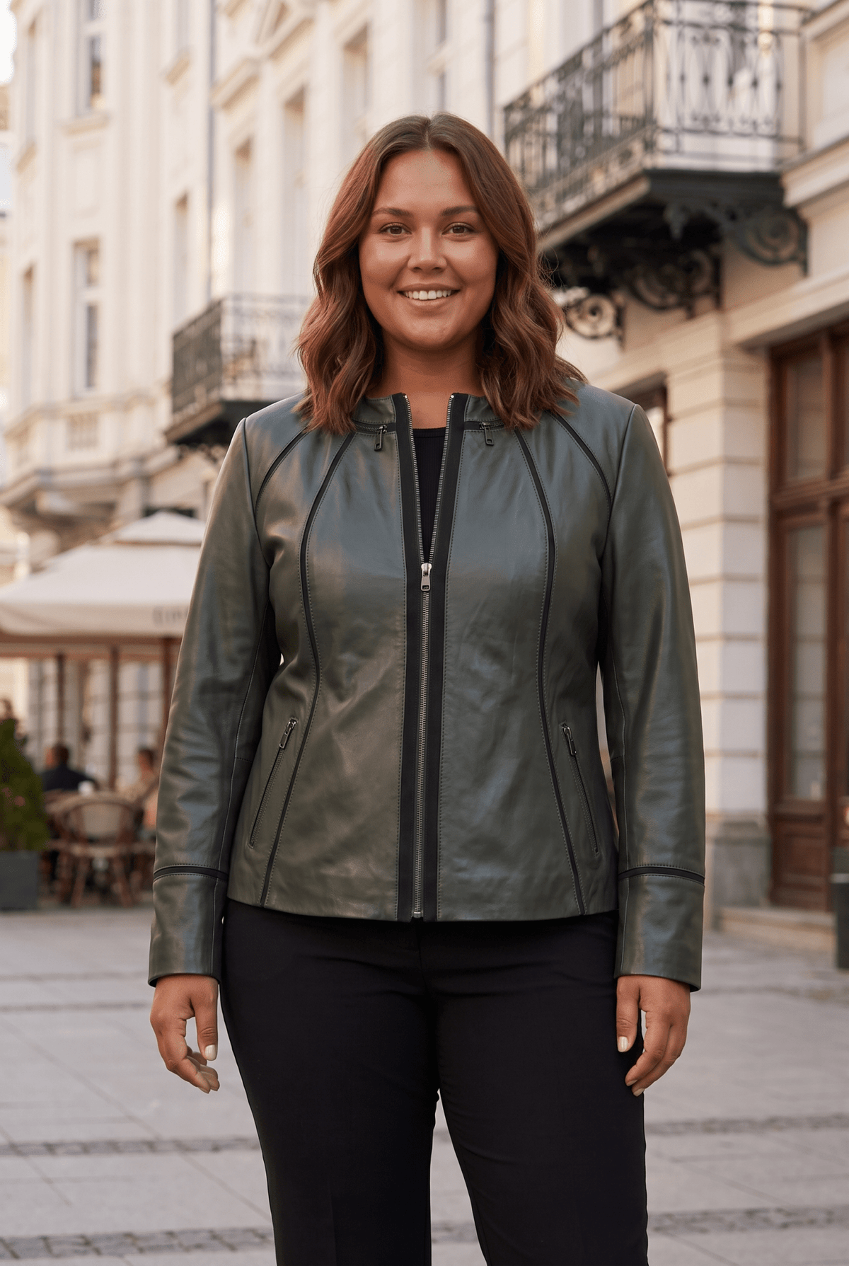 Дамско кожено яке Palermo, зелено, без яка, плюс сайз Roberto&Co Roberto Fashion Store Jacket LEA2103JCKGRNVL+4XL 2XL