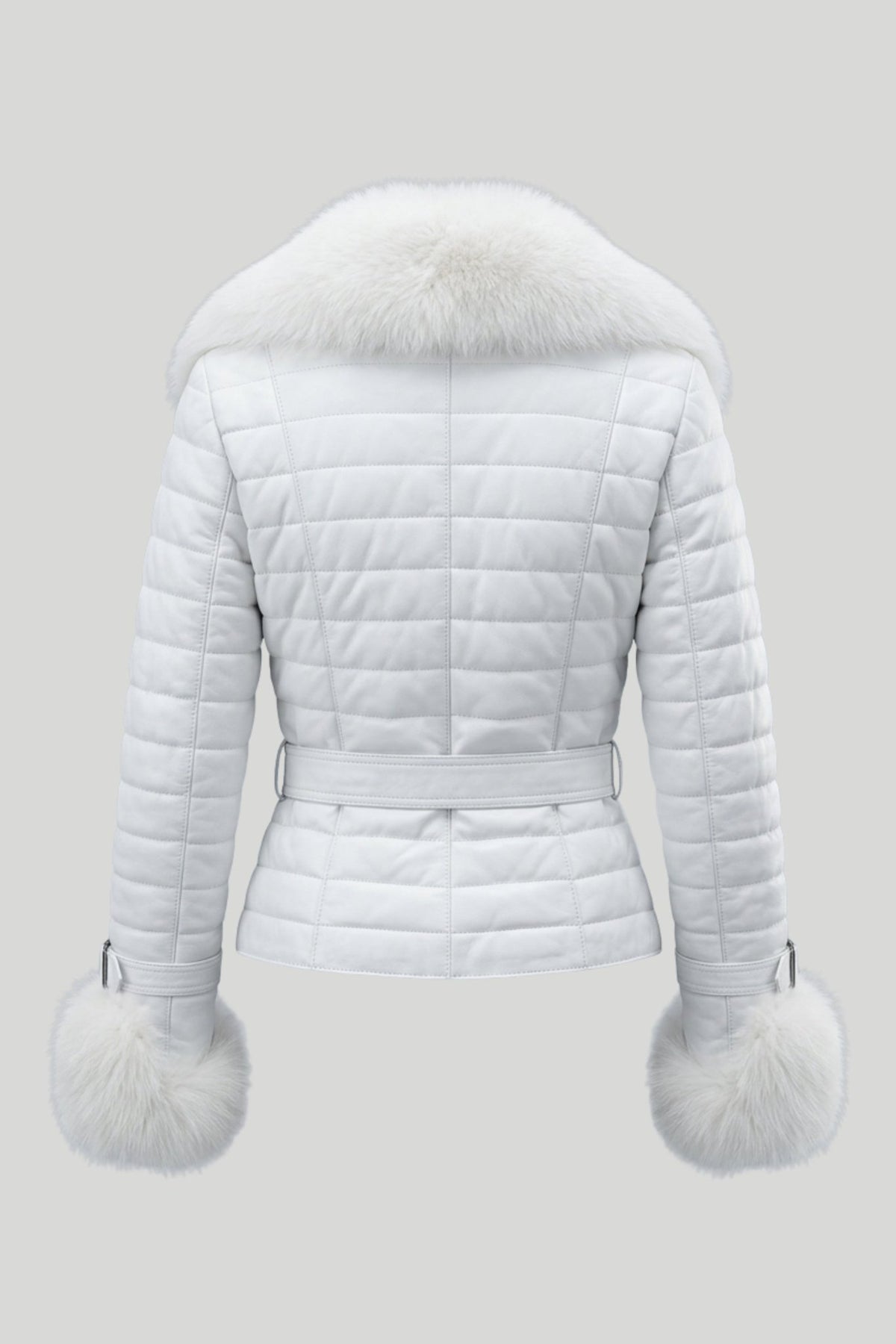 Дамско кожено яке с естествен косъм "Cortina" - ватирано, лисича яка и маншети, колан с катарама, цвят бял Roberto&Co Roberto Fashion Store Jacket RBC1508JCKWHIFUR-M XS