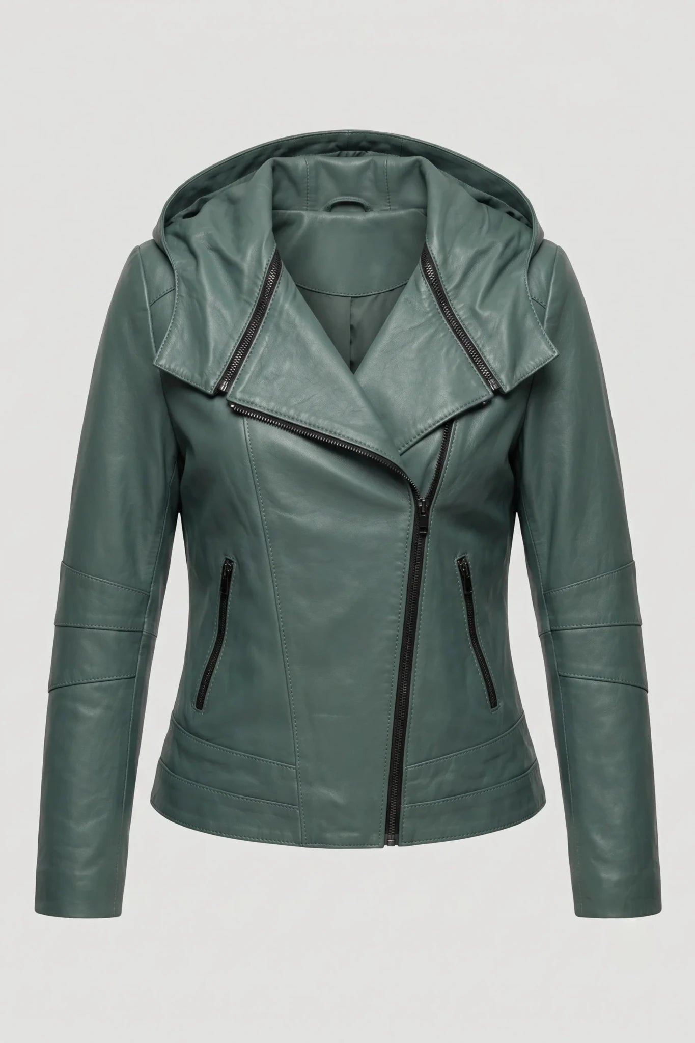 Дамско кожено яке с качулка "Bari" от естествена кожа, байкърски стил, грахово зелено, макси размери Roberto&Co Roberto Fashion Store Jacket RBC0621LEAJC+GRN-4XL 2XL