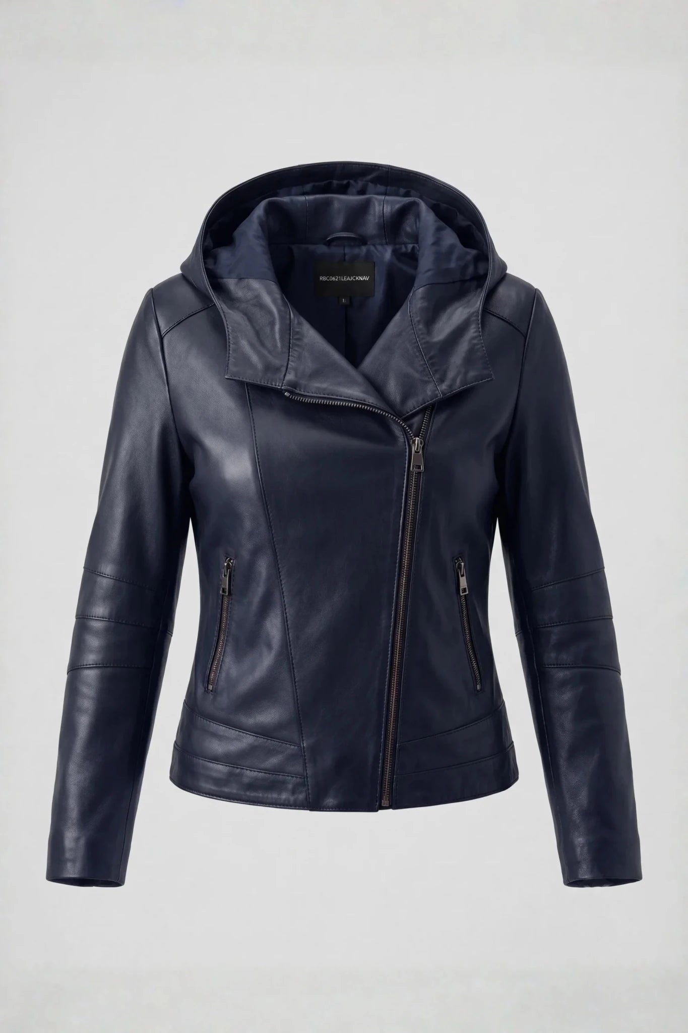 Дамско кожено яке с качулка "Bari" от естествена кожа, байкърски стил, тъмносиньо, макси размери за пълни дами Roberto&Co Roberto Fashion Store Jacket RBC0621LEAJC+NAV-5XL 3XL