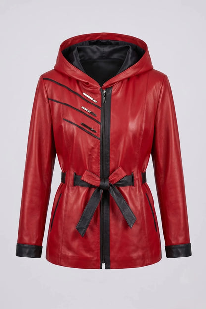 Дамско кожено яке с колан от агнешка кожа, червено - Плюс размери Roberto&Co Roberto Fashion Store Jacket LEA2511JCKREDBL+4XL 2XL