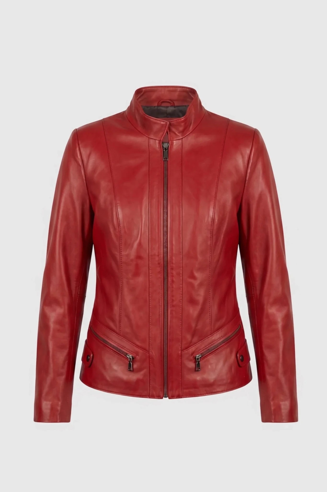 Дамско кожено яке "Verona" от естествена кожа, цвят марсала, късо сако, приталено, макси размери за пълни дами Roberto&Co Roberto Fashion Store Jacket RBC1212LEAJC+RED-4XL 2XL