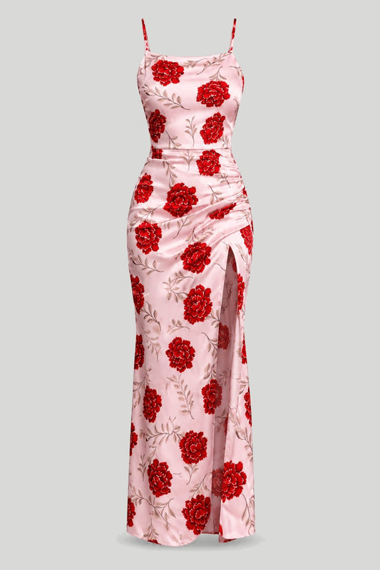 Satin dress - pink flowers – снимка на продукта